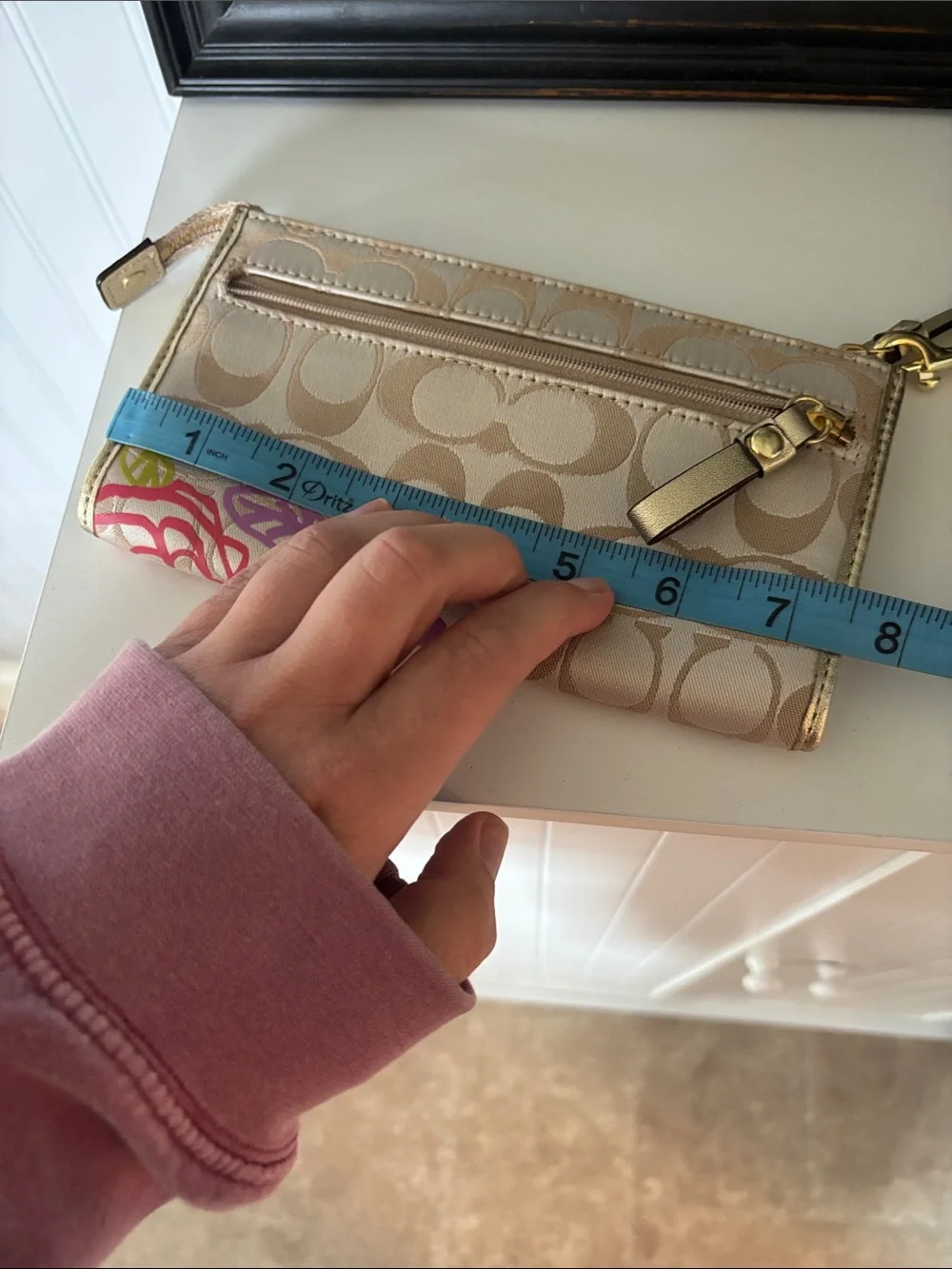 Coach Beige Signature Floral Wristlet with Gold Trim